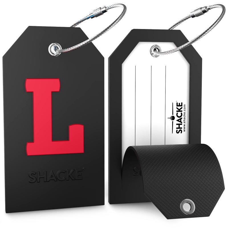 Shacke Initial Luggage Tag with Full Privacy Cover and Stainless Steel Loop - Black (Letter L) - Image 2